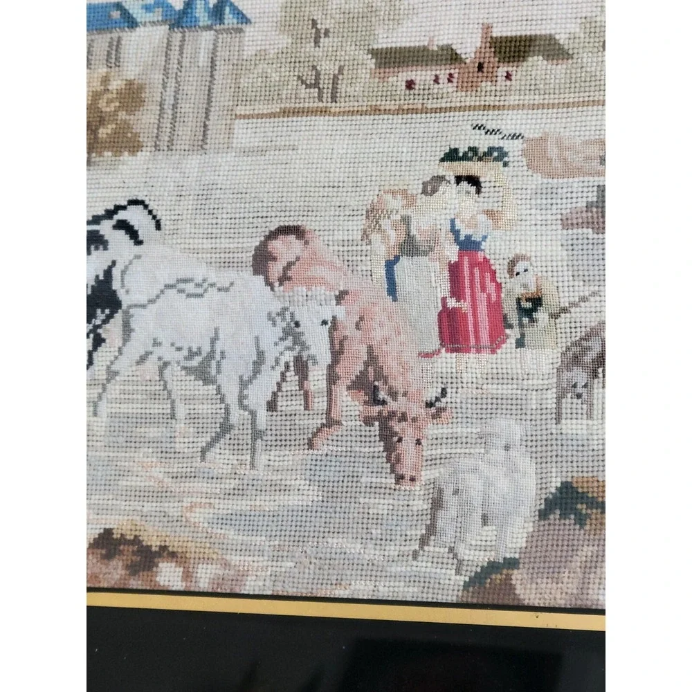 Big Antique Needlepoint Pastoral Scene Framed Picture Cows Horses Maidens Castle